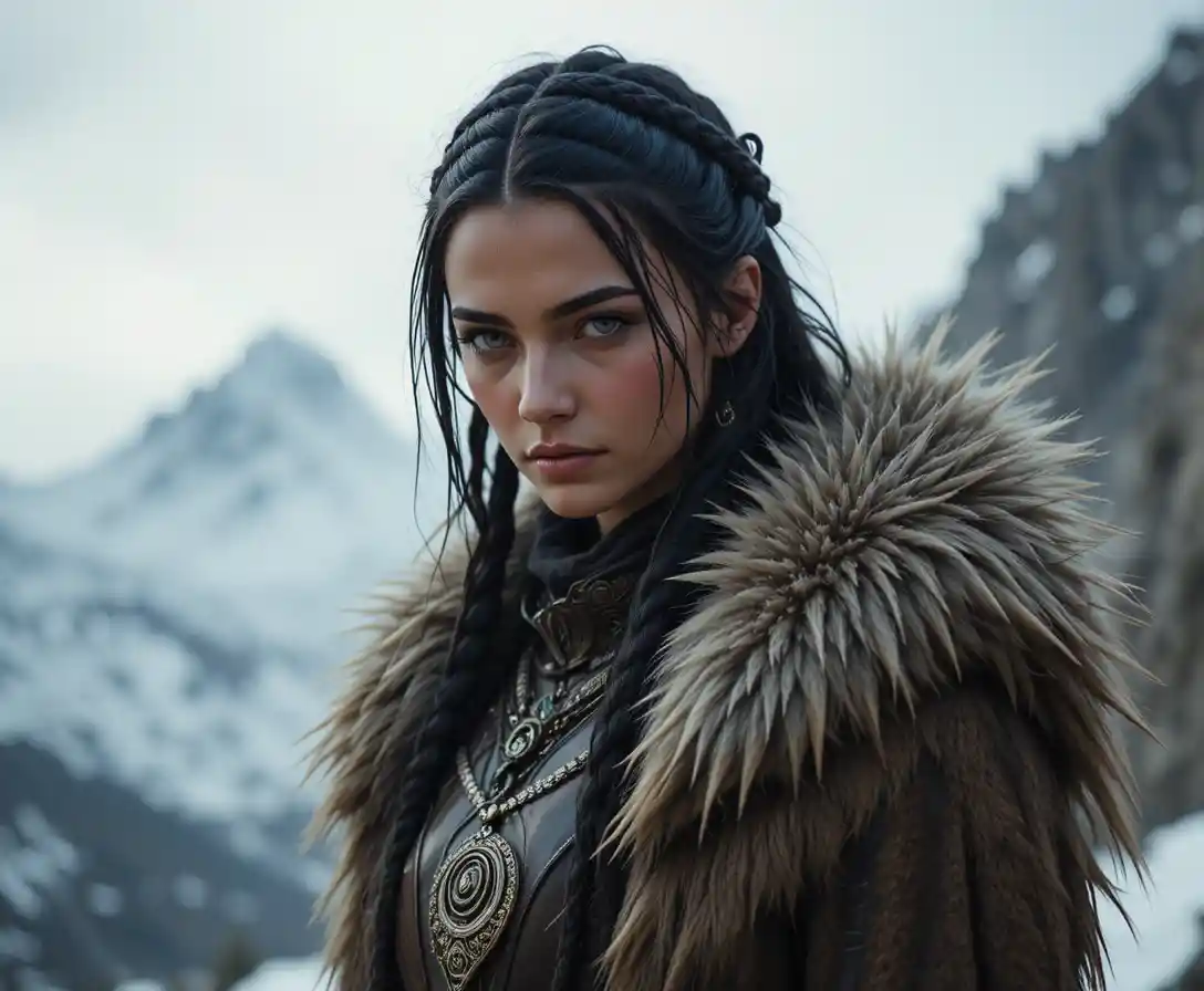 Nomadic arctic druid woman in furs and leather