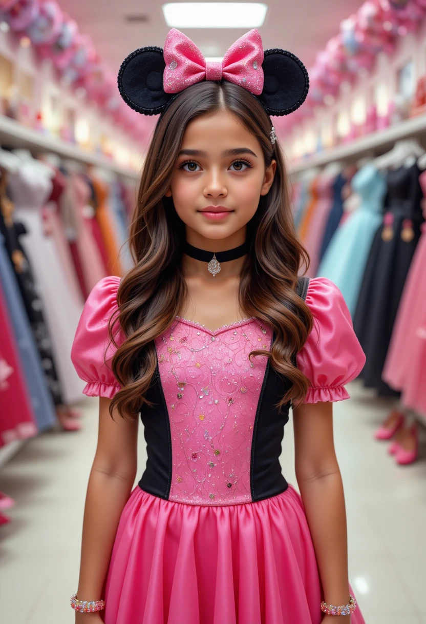 Preteen girl in pink Minnie dress at Disney boutique