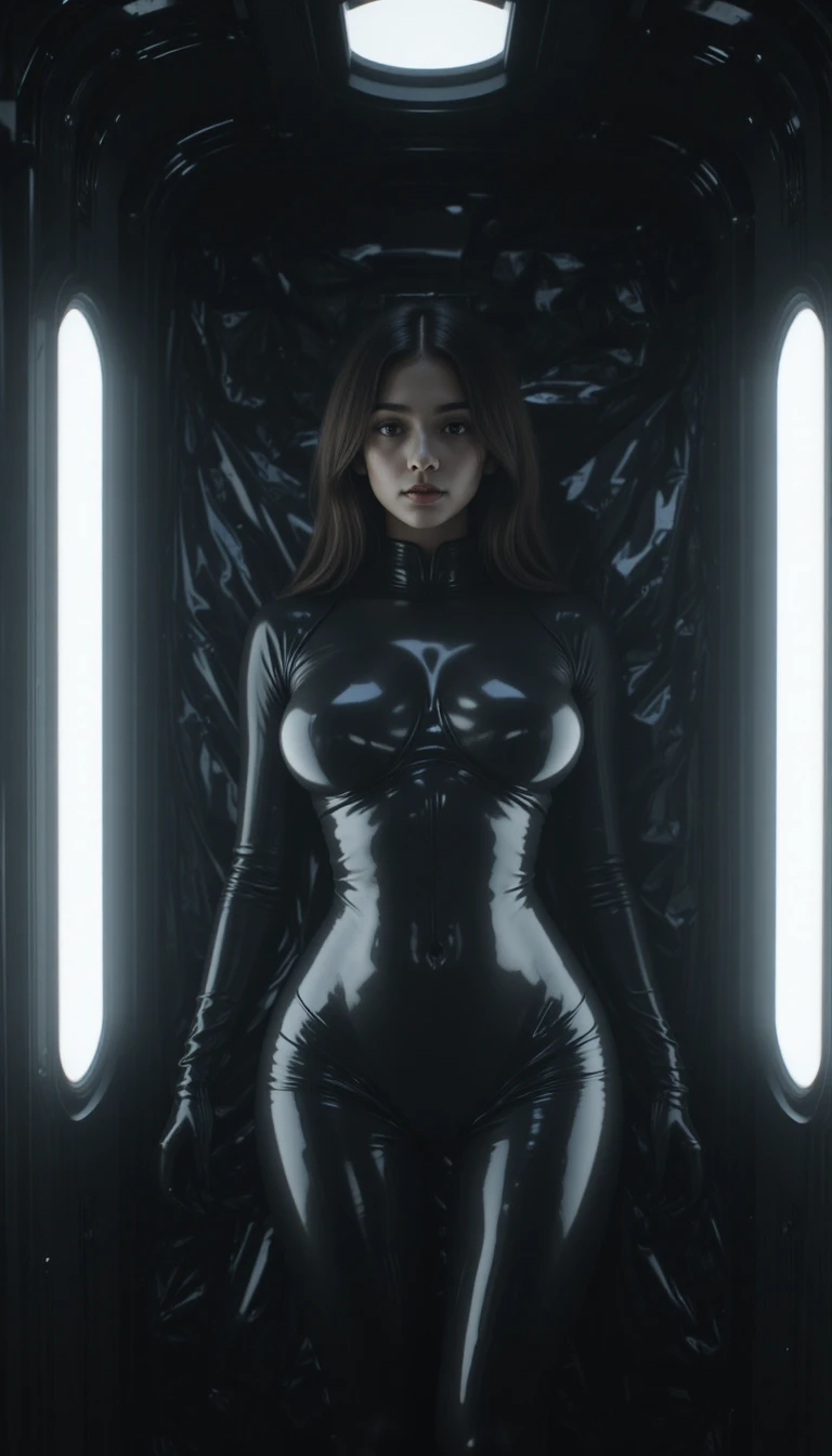 Cinematic silhouette of a woman sealed in glossy latex