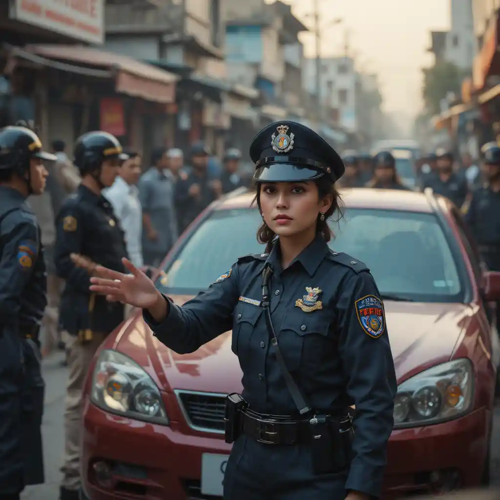 Police officers secure a red car in a busy Pakistani market