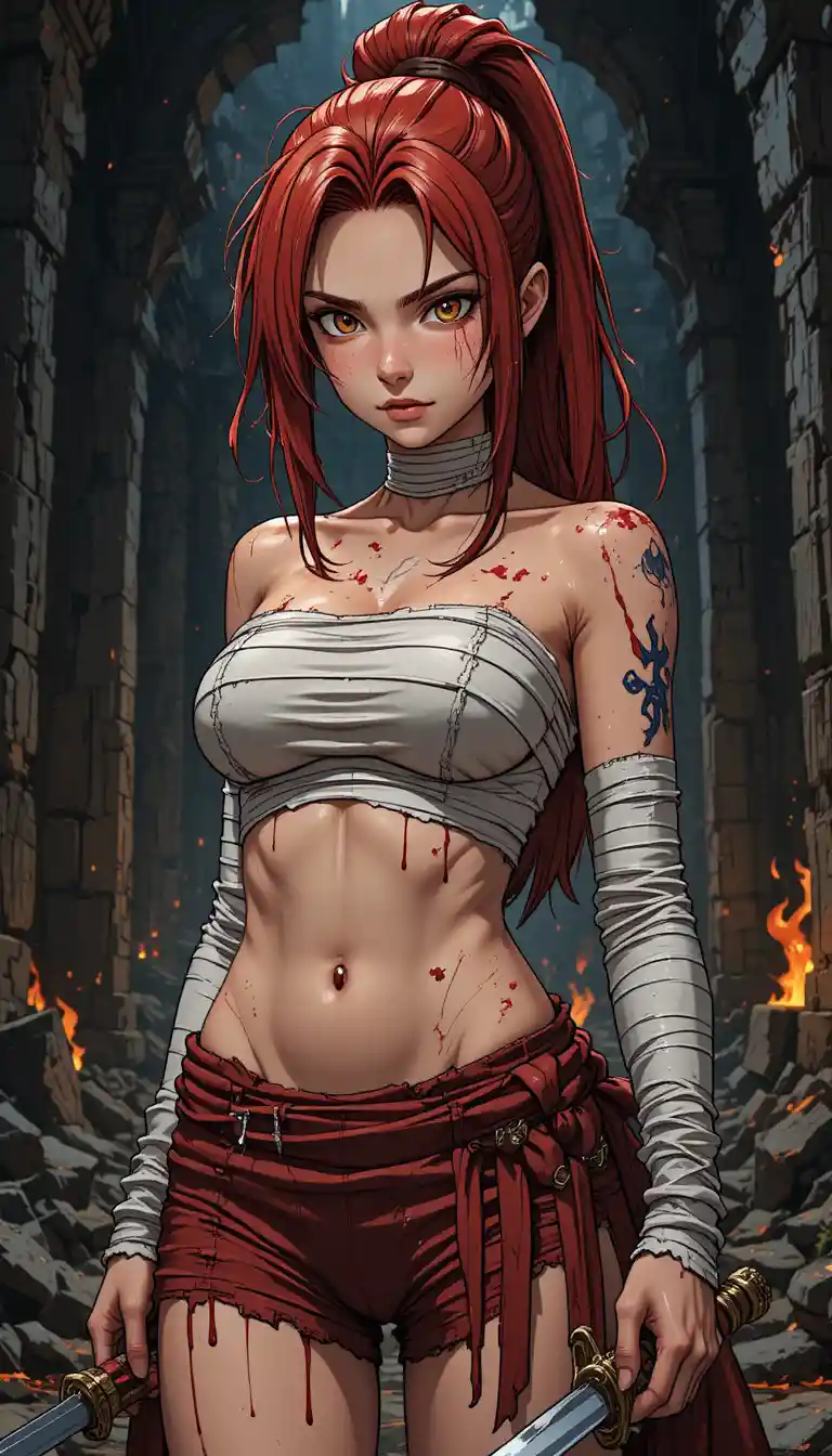 Anime warrior woman in ruins with sword and embers