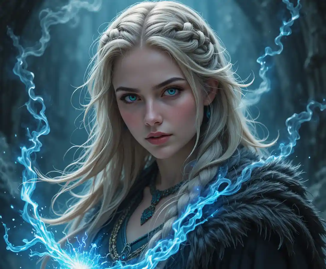Viking sorceress with storm magic and braided blonde hair