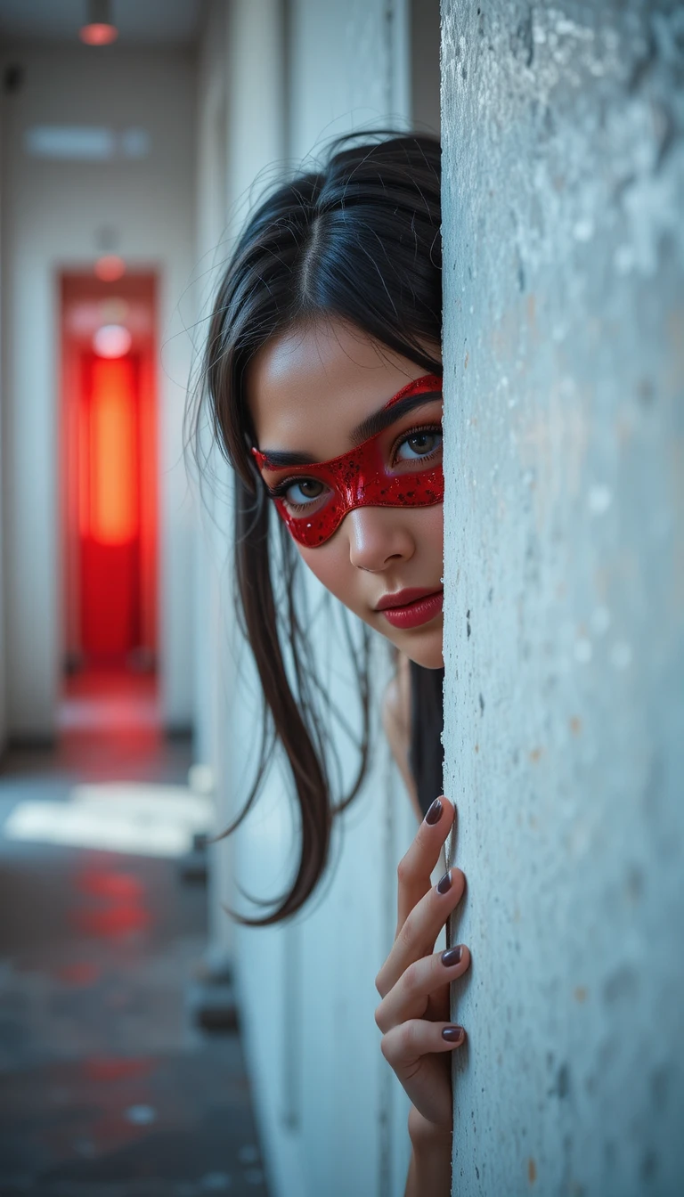 Girl in ladybug costume peeking from white corridor wall