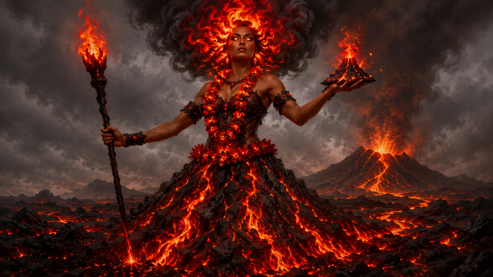 Volcanic goddess with flaming hair in a lava field