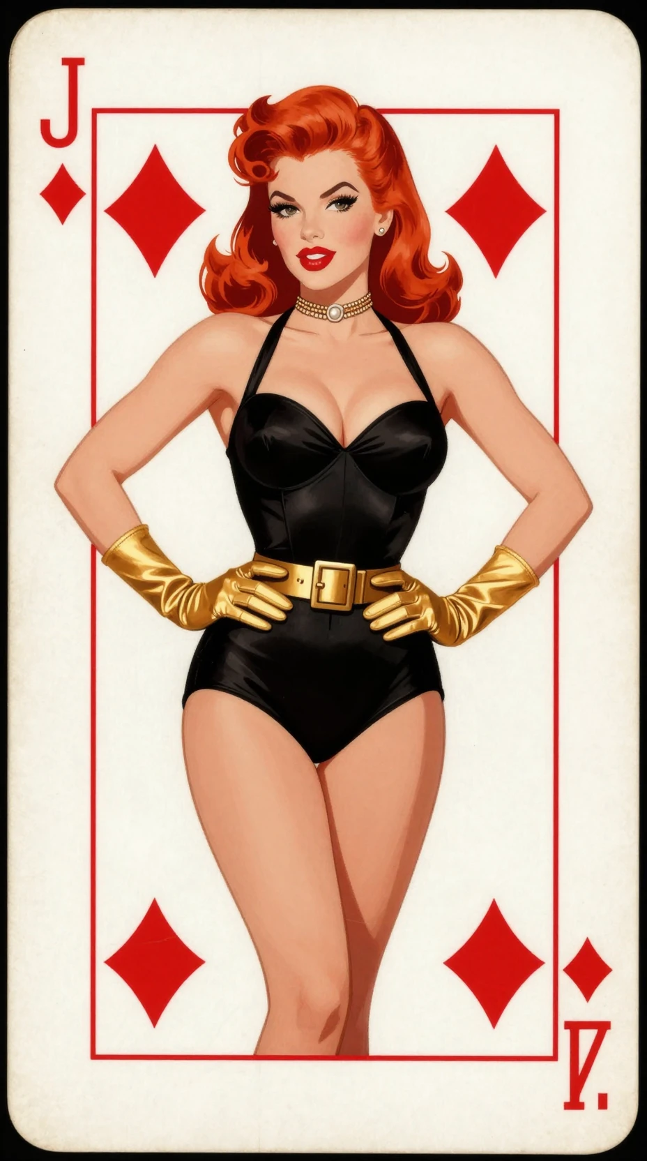 Pin up redhead on vintage jack of diamonds playing card