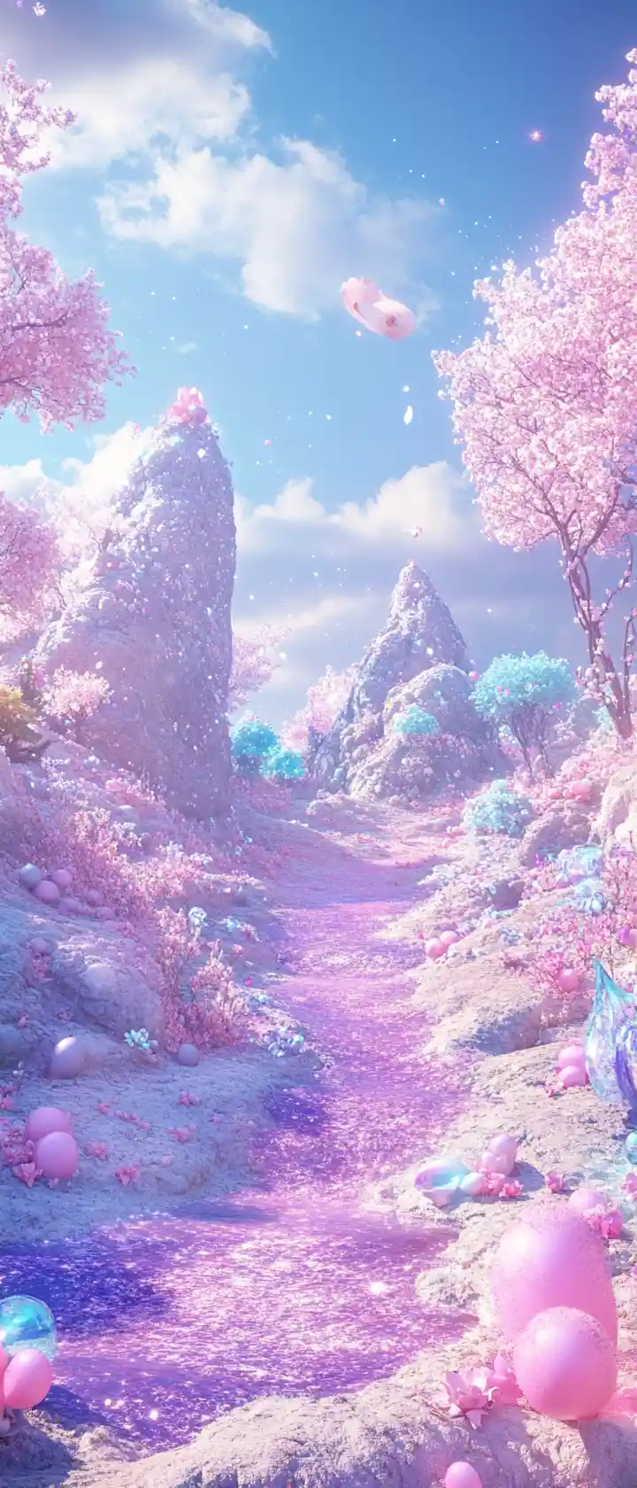 Cheerful surreal anime landscape in bright pastel colors