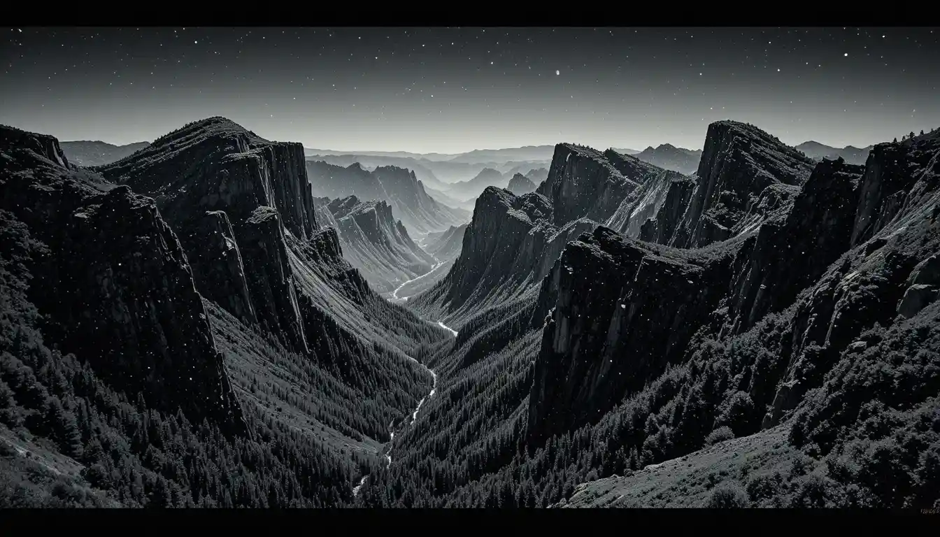 Panoramic black and white mountain landscape in daylight