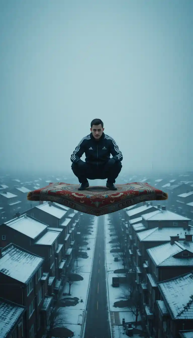 Man on floating carpet over snowy soviet housing at dusk