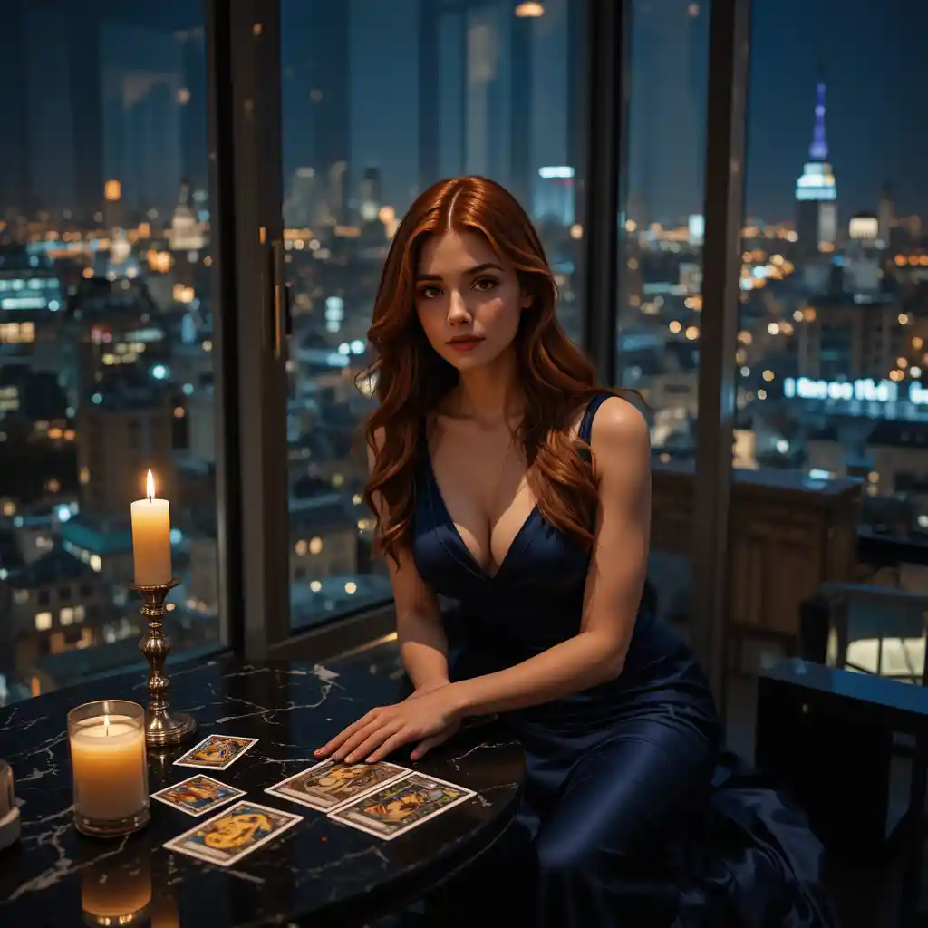 Confident woman in blue satin dress in luxury penthouse