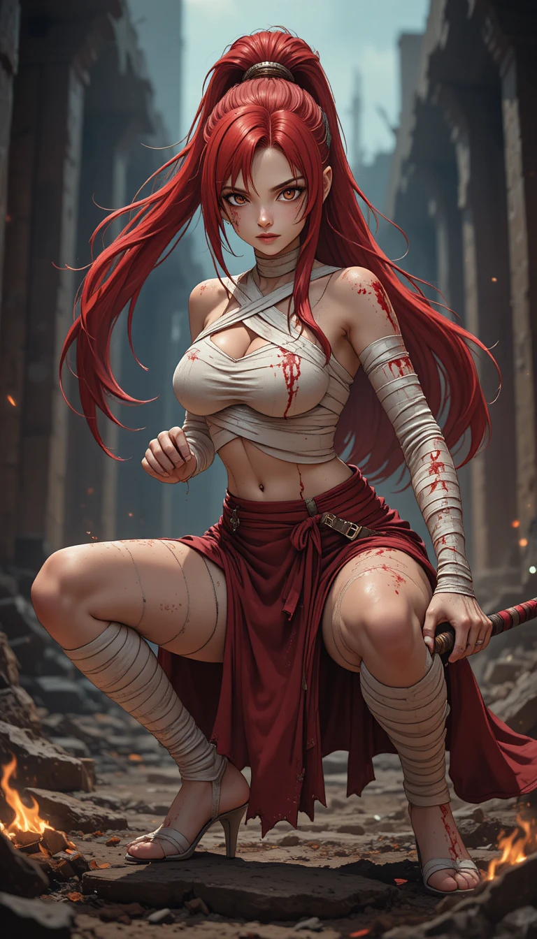 Battle scarred anime warrior woman in ruined city