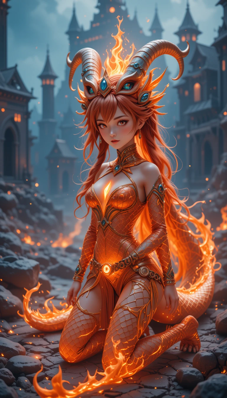 Fire elemental girl and dragon before a glass lava castle
