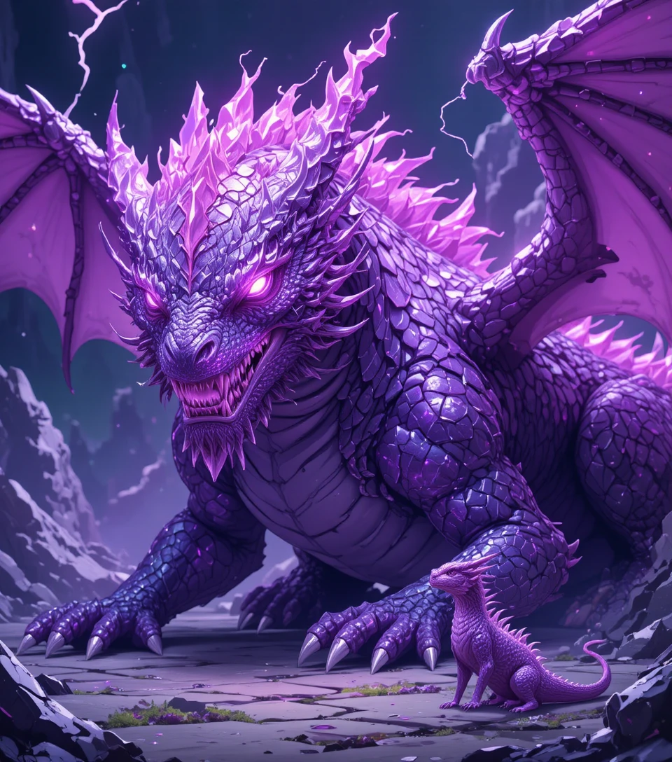 Close up anime dragon resting in glowing crystal cave