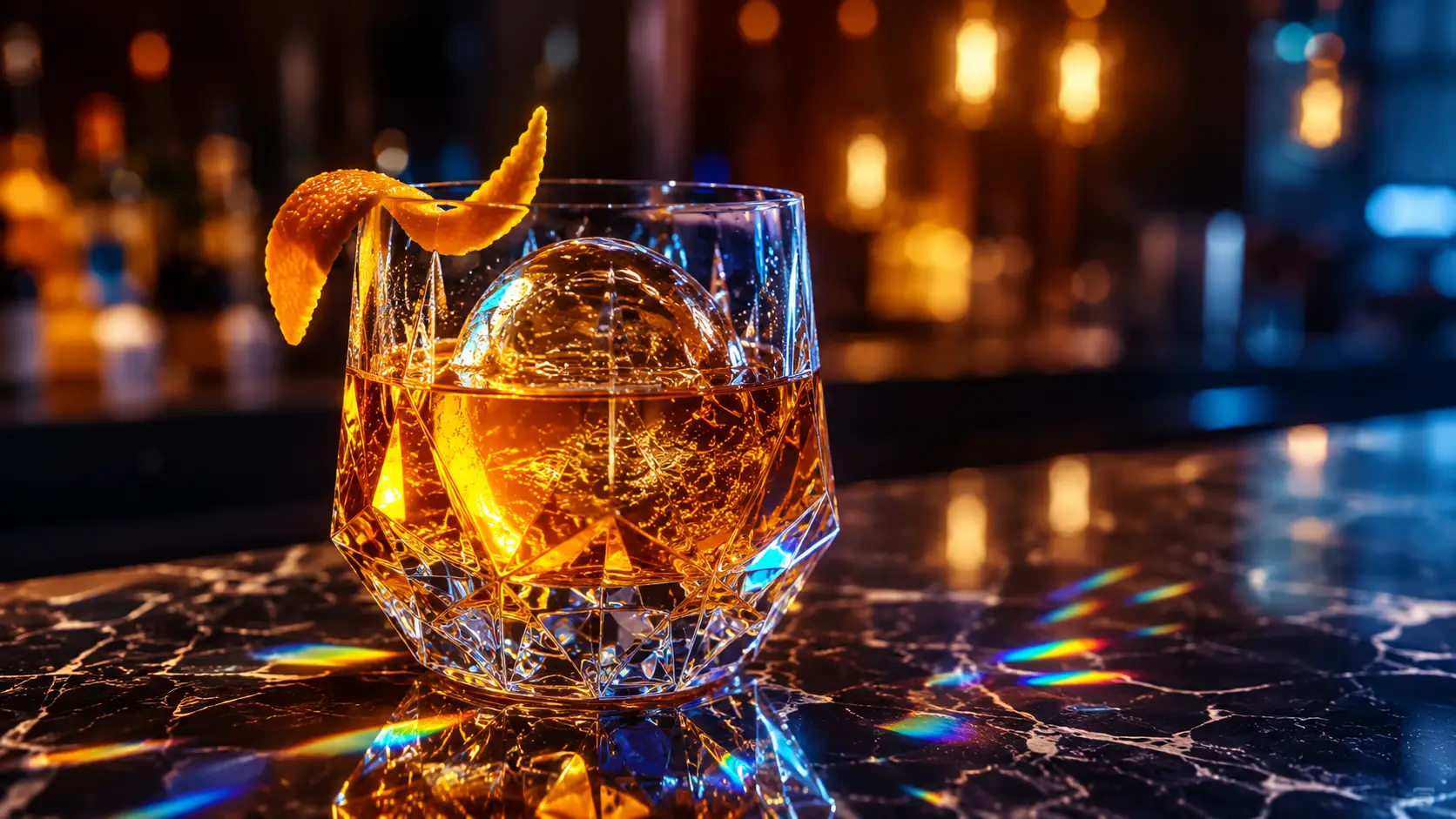 Geometric glass with amber cocktail on dark marble bar