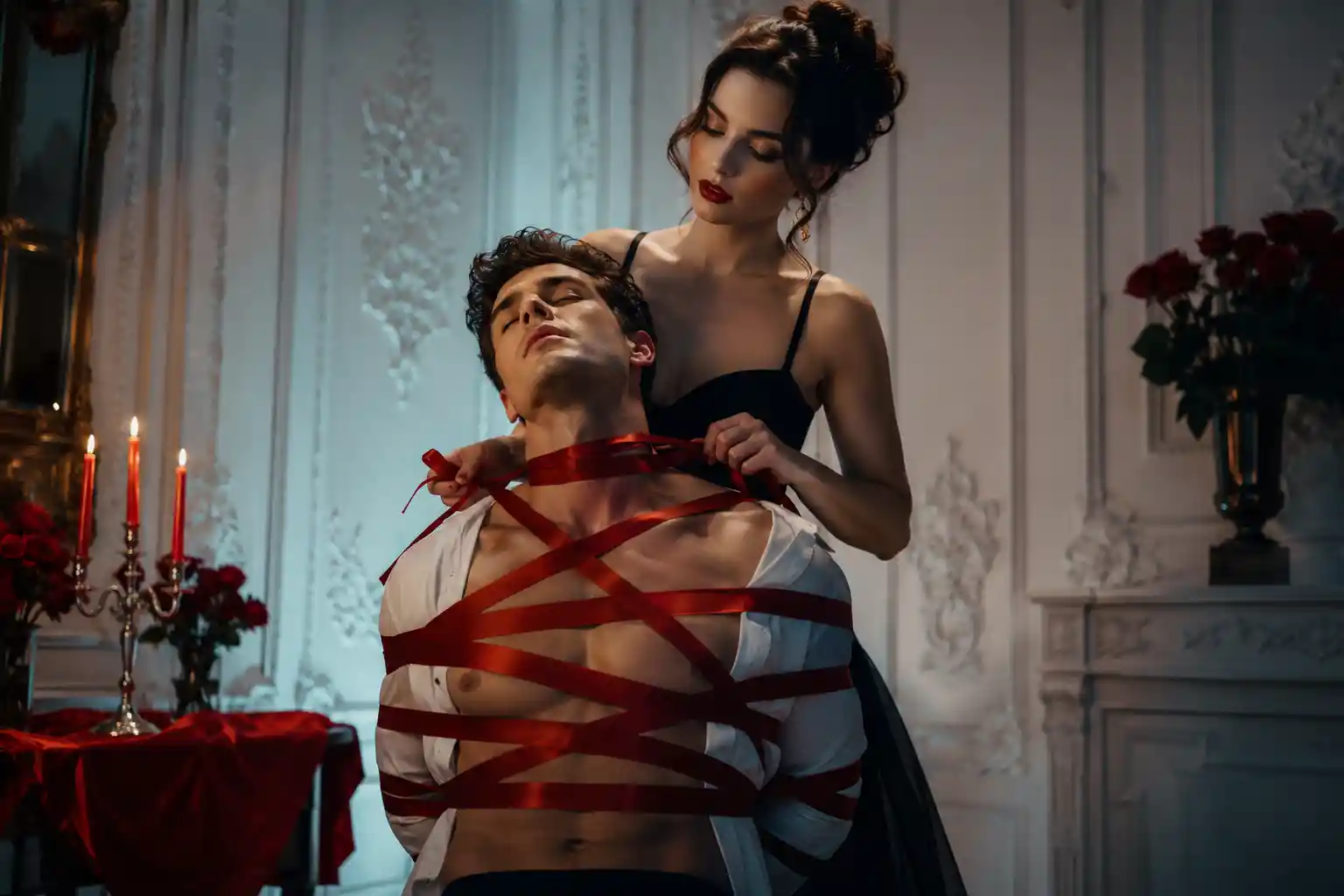Man Bound In Red Ribbons With Woman In Dramatic Light