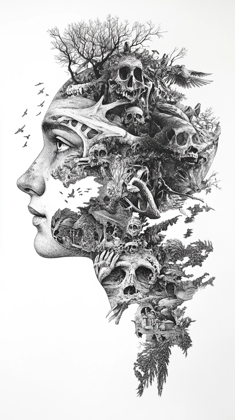 Surreal profile portrait with inner eye and bone landscape