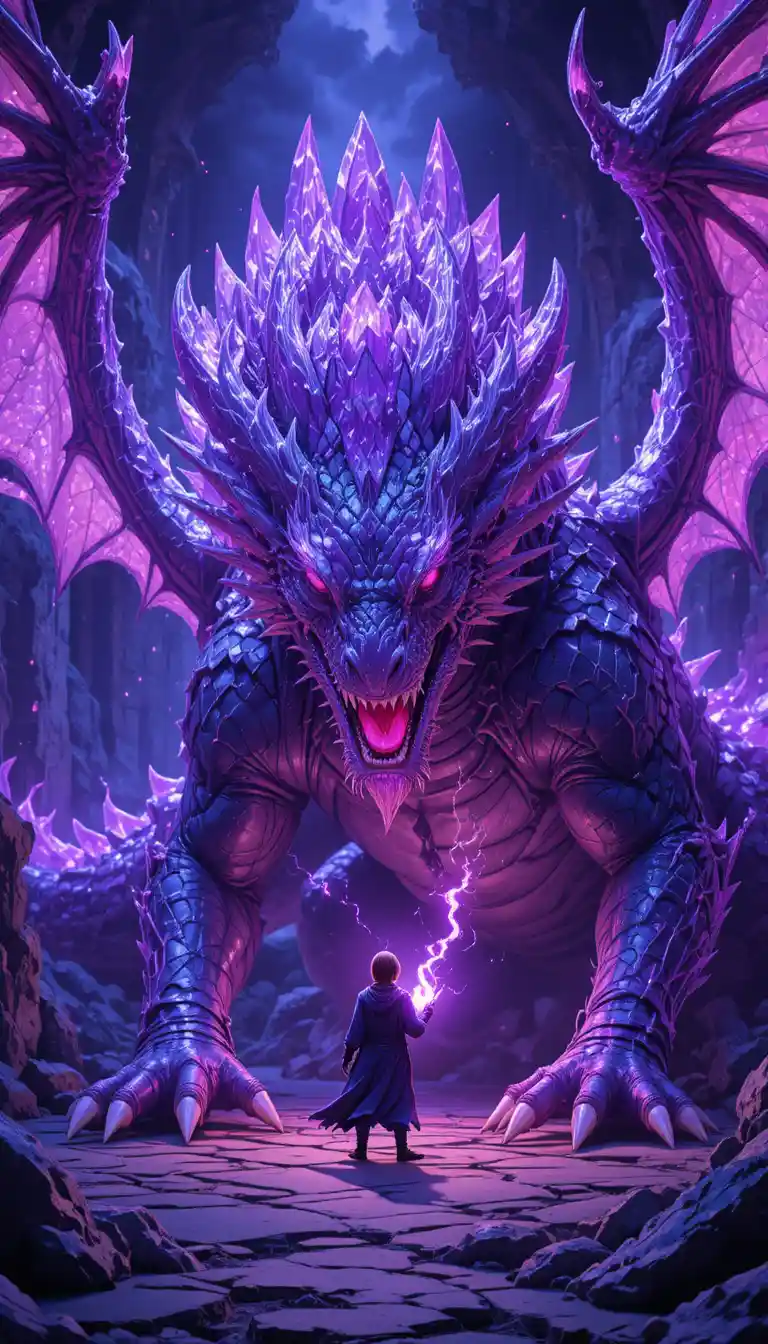 Close up anime dragon in a glowing crystal room