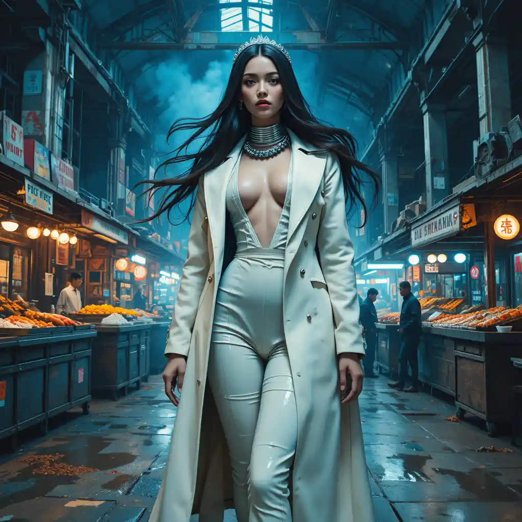 Cyberpunk femme fatale in an industrial street food market