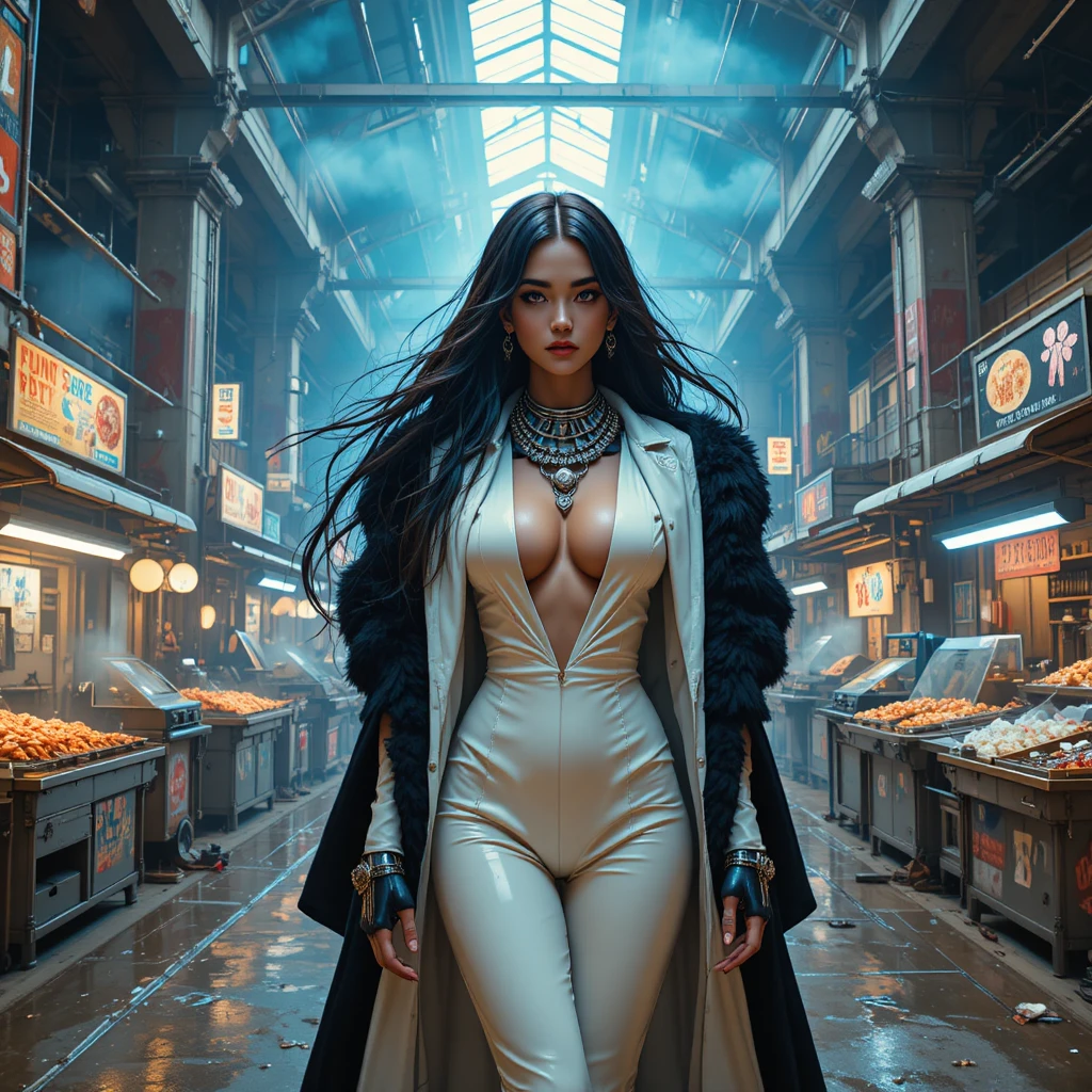 Donna cyberpunk in un surreale mercato sotterraneo di street food