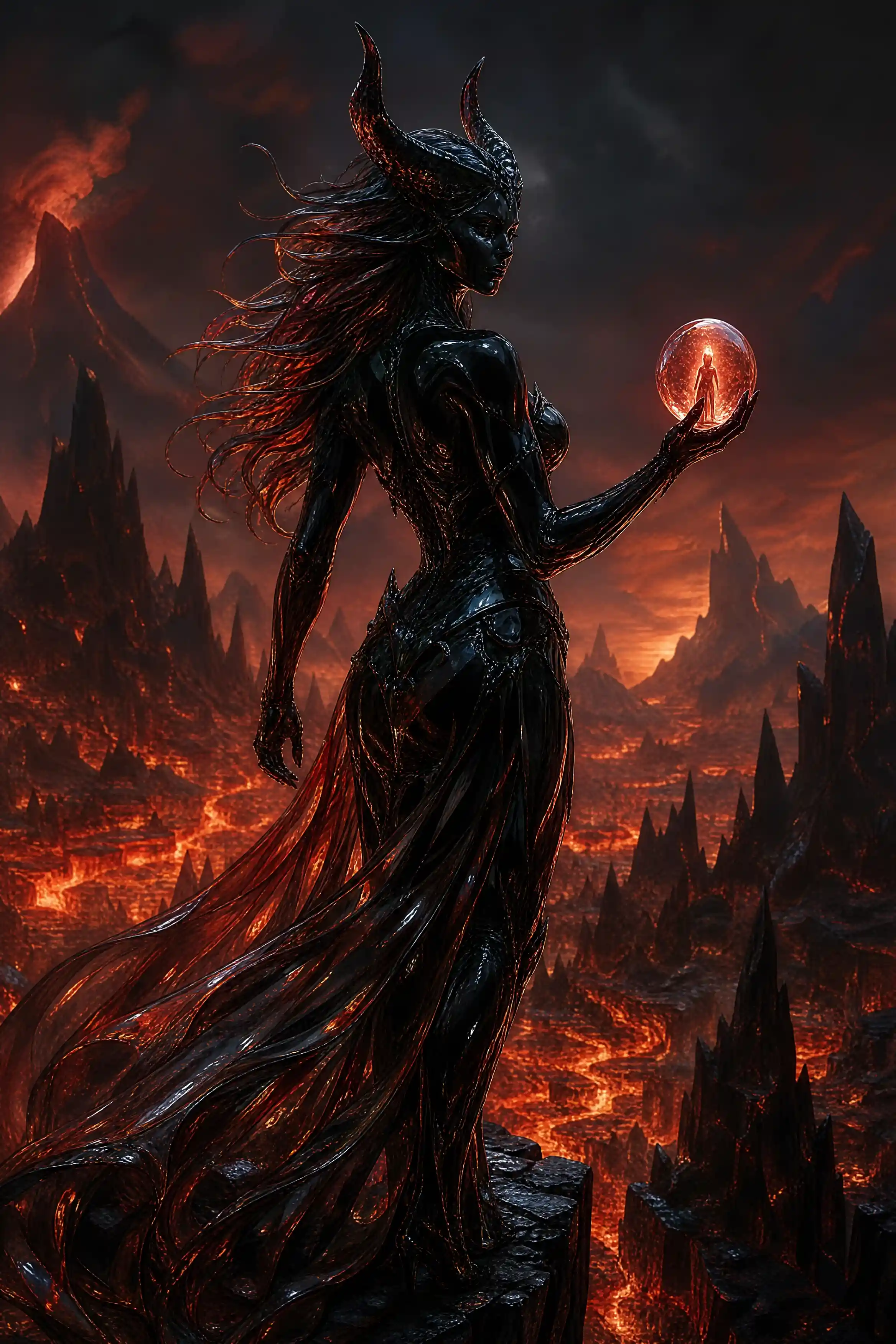 Demonic woman of obsidian holding a glowing captive soul
