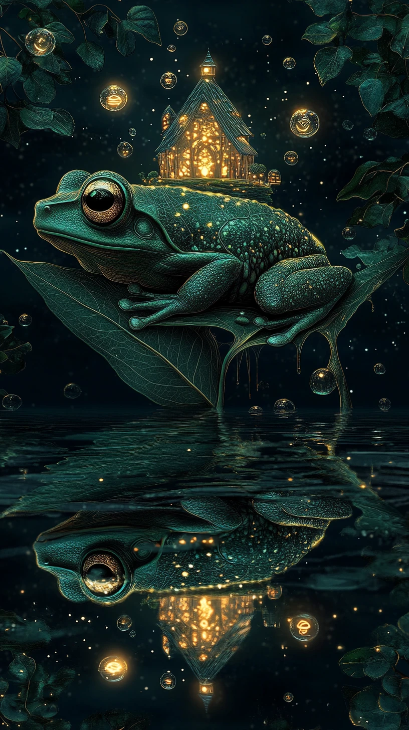 Luminous tree frog resting on a vast floating leaf island