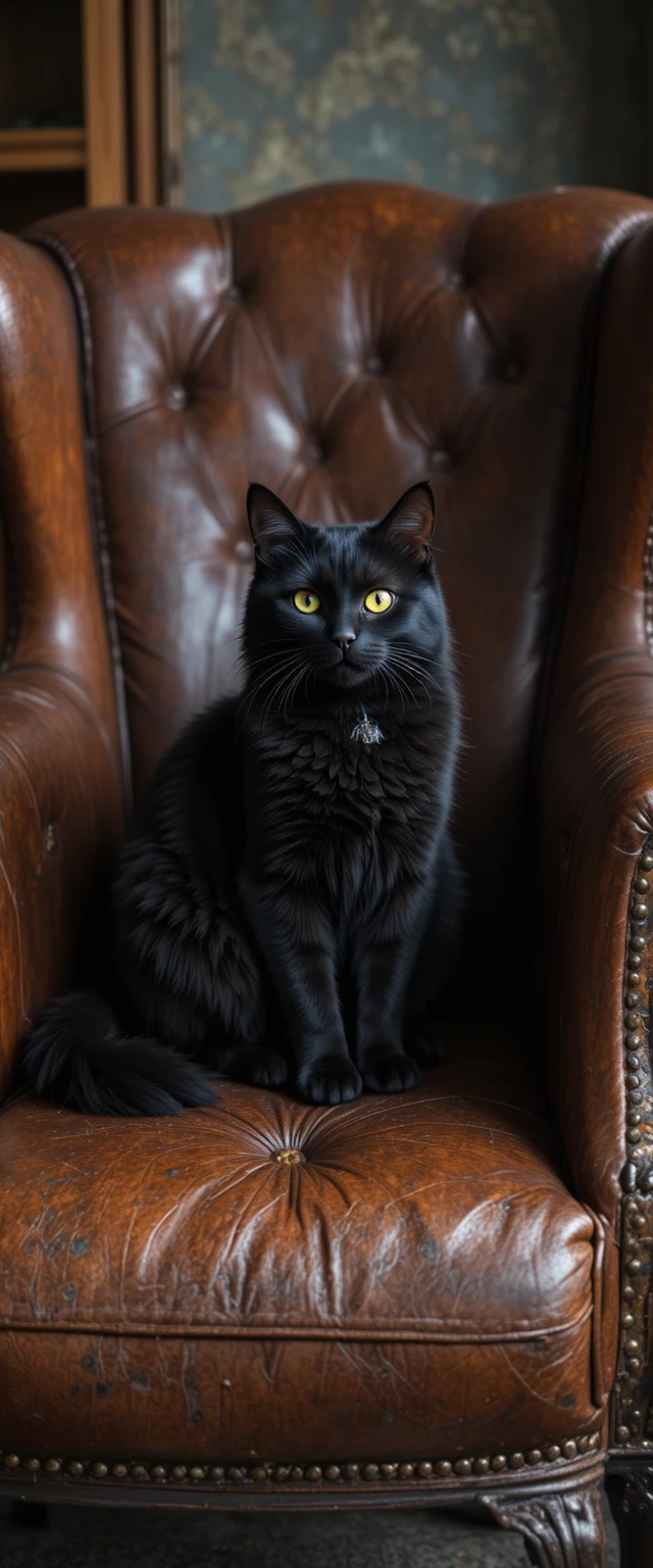 Black cat sitting on a worn leather armchair indoors