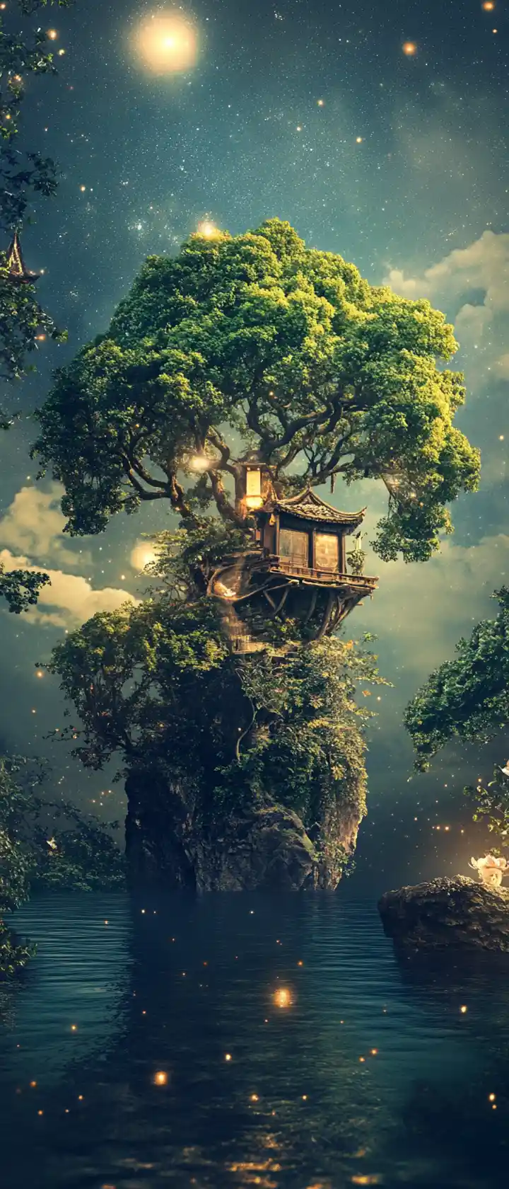 Surreal zen landscape with bright cheerful vibrant colors