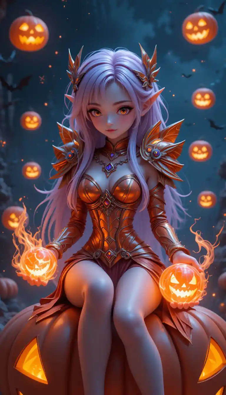 Shy semi chibi half elf vampire girl on pumpkin