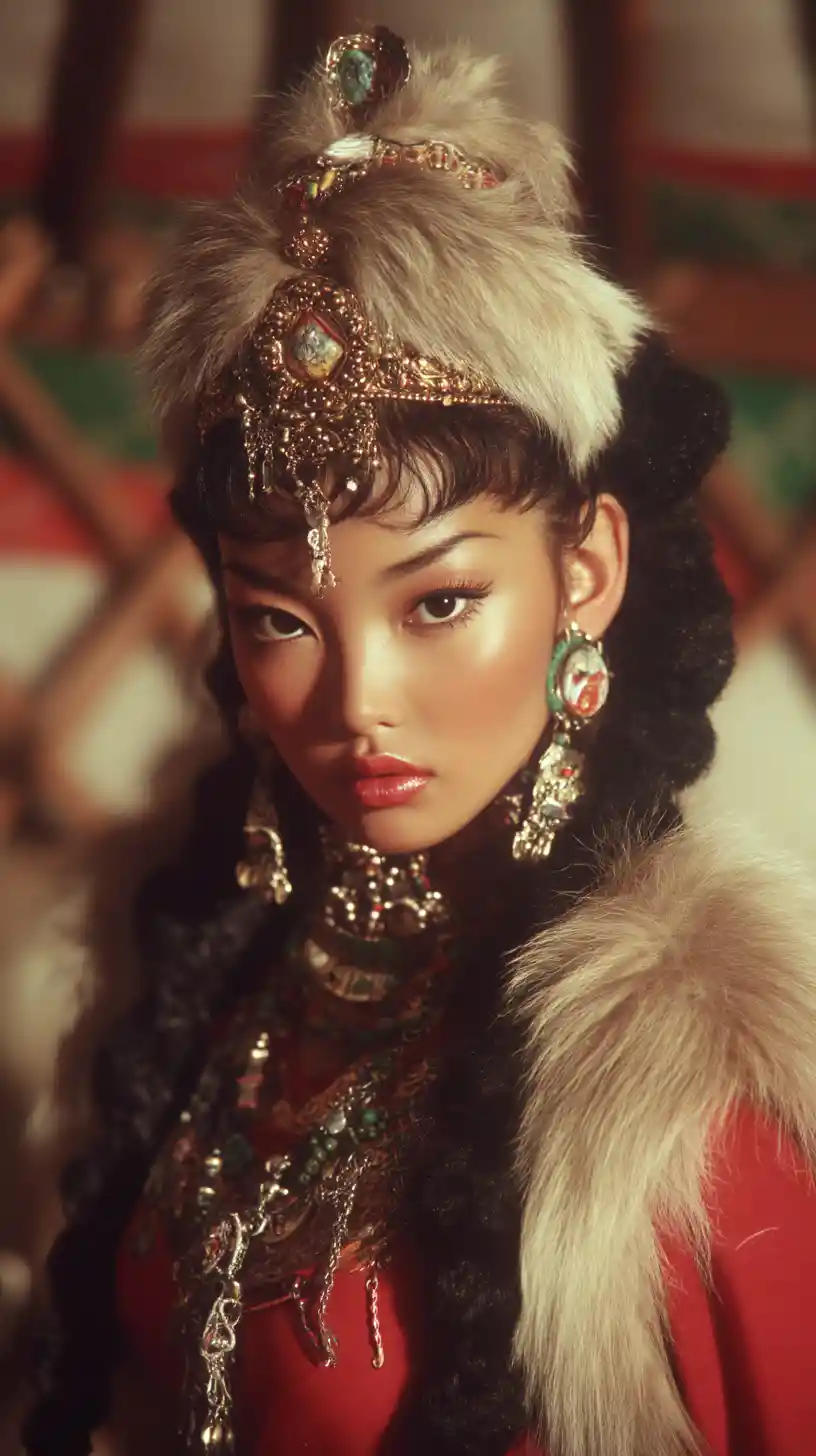 Mongolian queen in ornate yurt with golden tribal attire