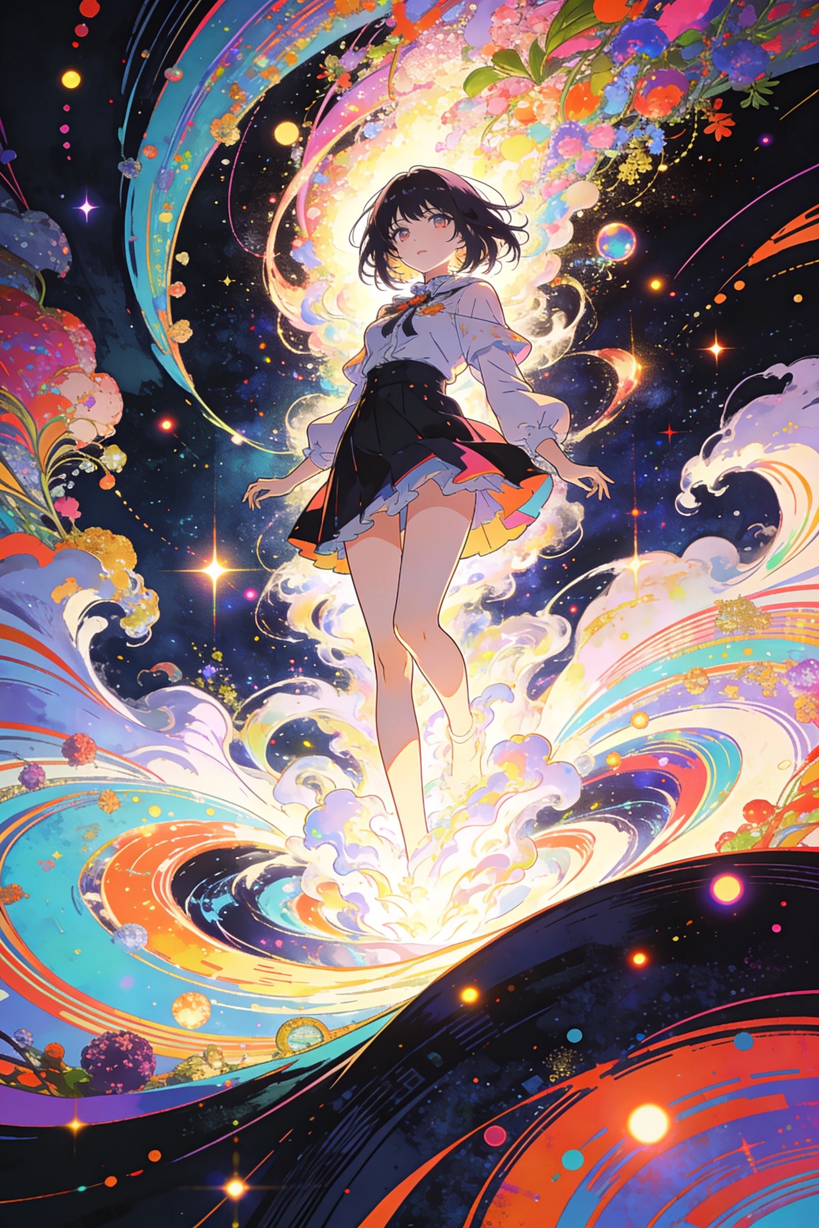 Mujer de anime emergiendo de una niebla digital luminosa y surrealista