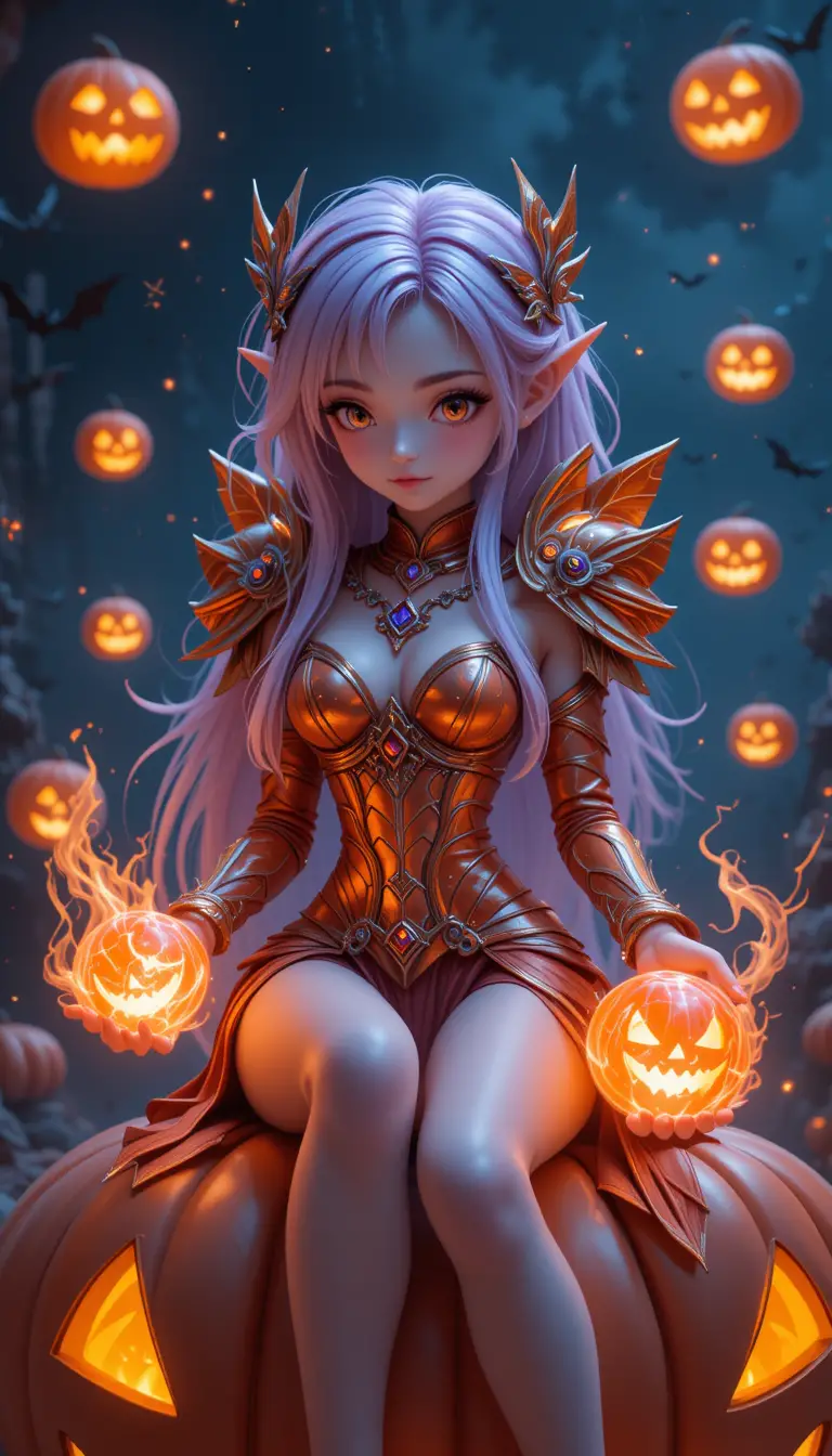 Shy semi chibi half elf vampire girl on pumpkin