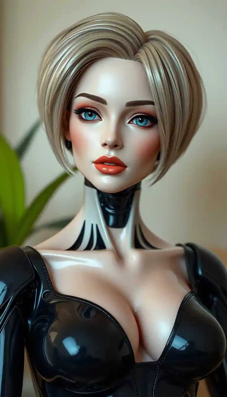 Futuristic latex android woman with short hair bust portrait