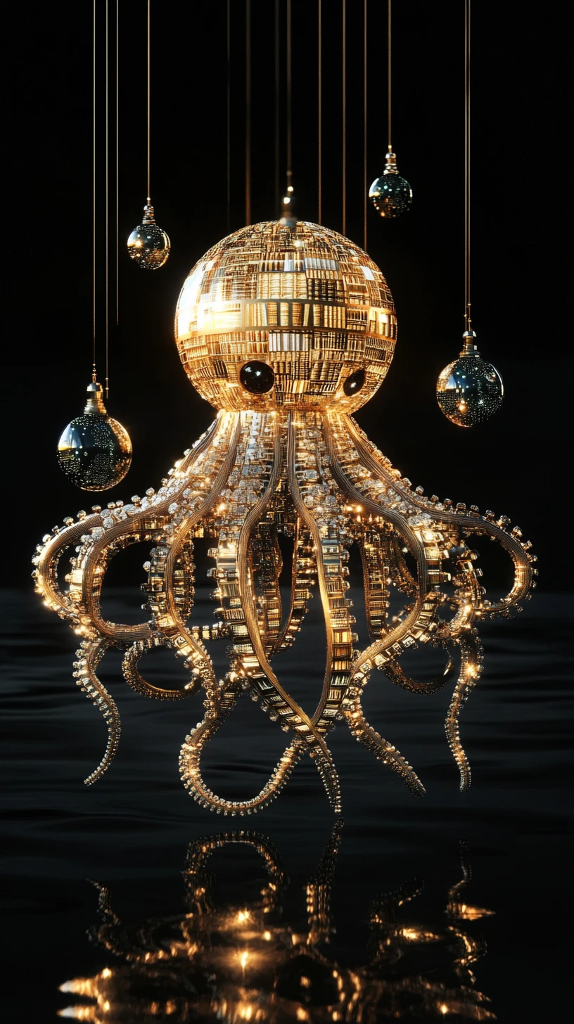 Pulpo arquitectónico surrealista sobre un océano negro cósmico