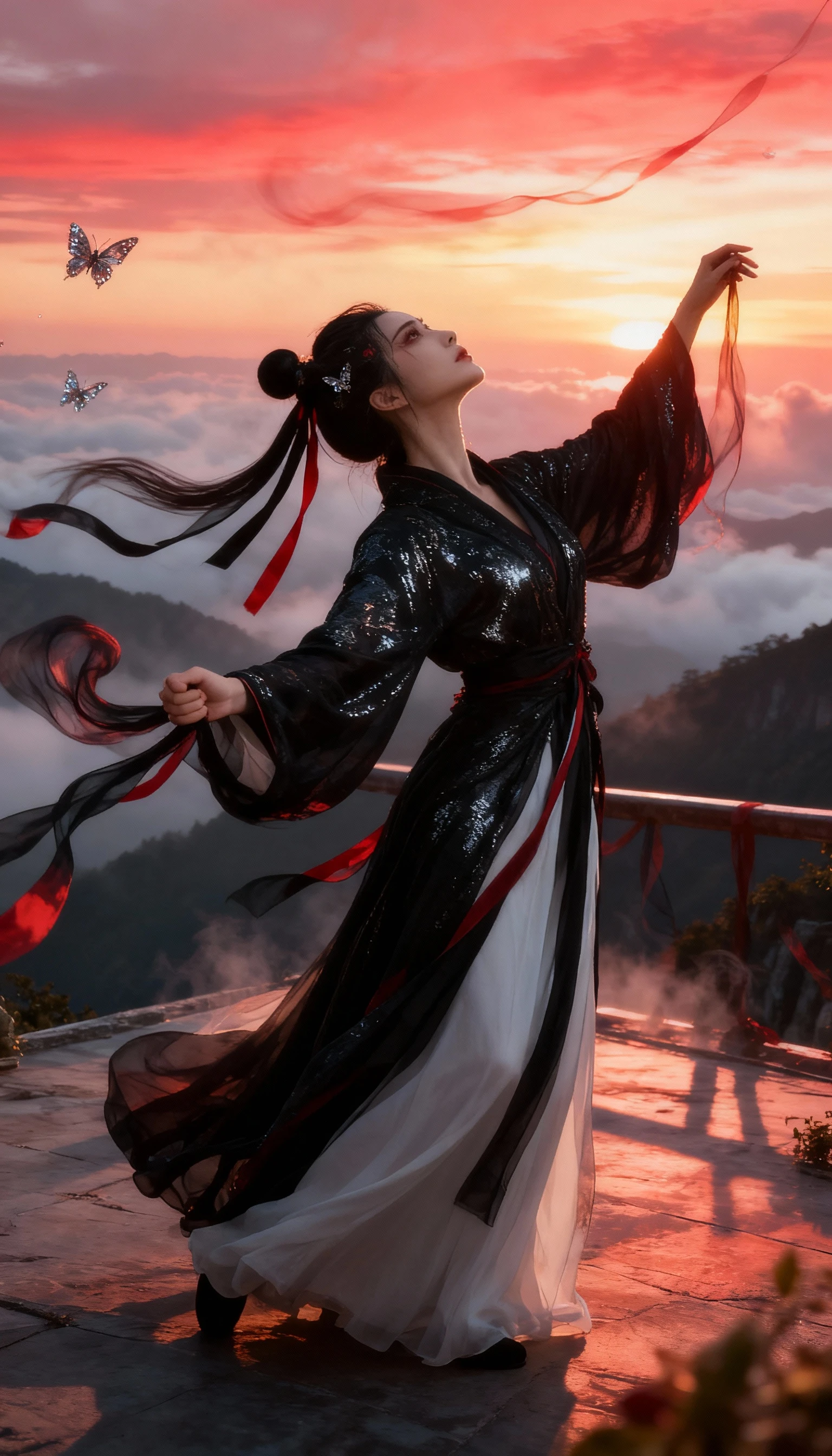 Woman in flowing hanfu on misty mountain terrace