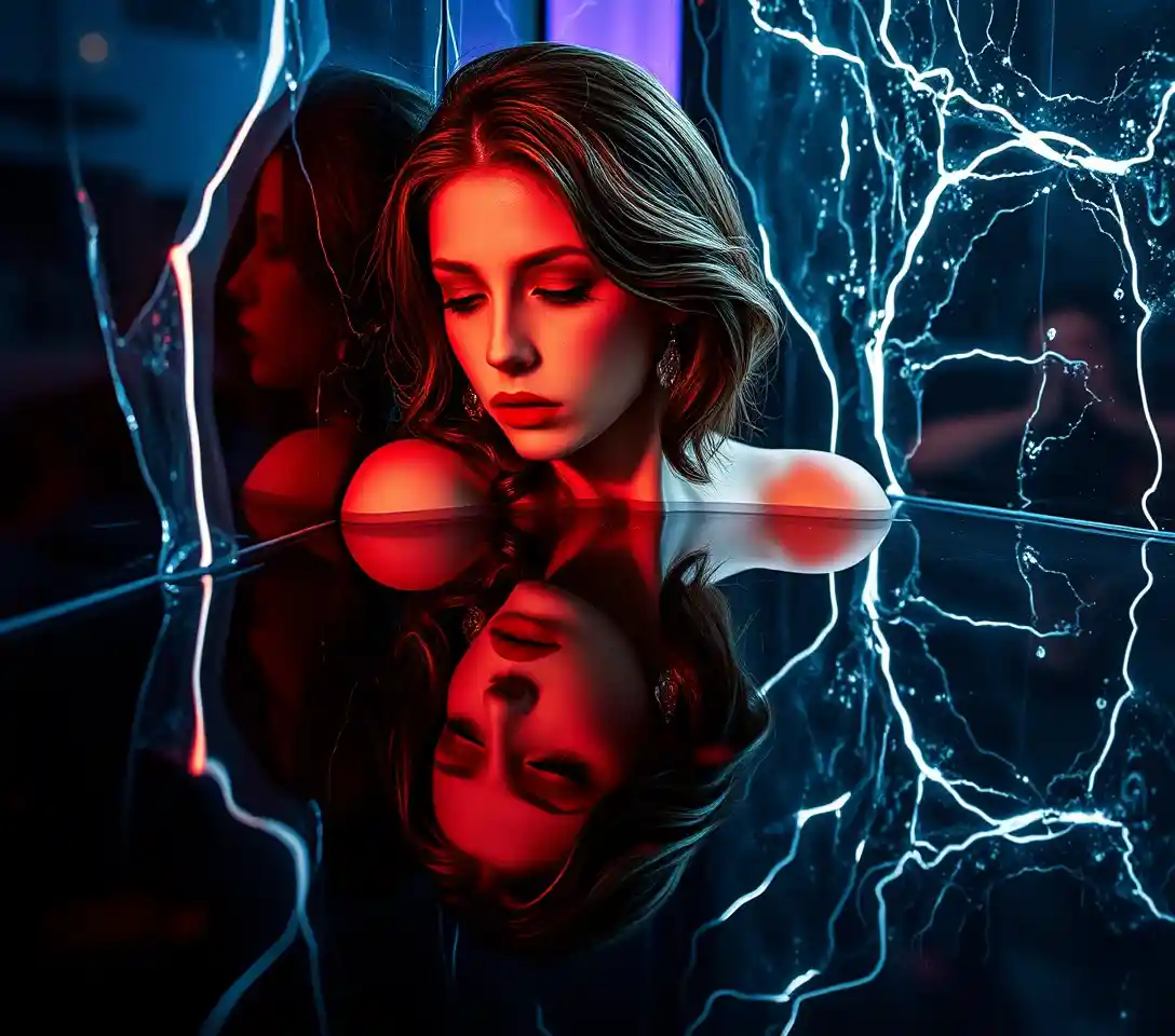 Ethereal woman mirrored in a surreal dreamlike liquid scene