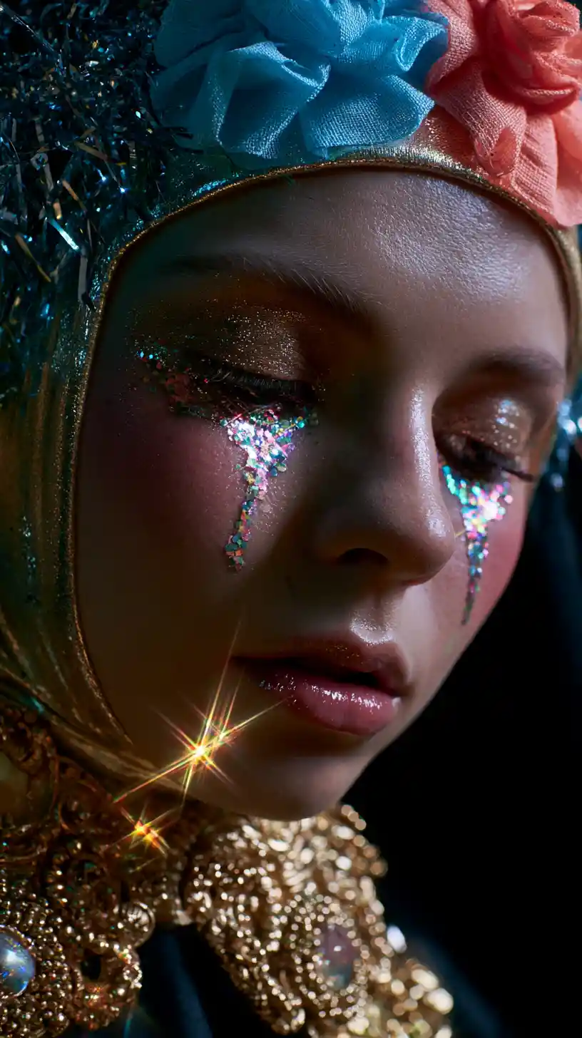 Disco nun close up with glitter tears in neon club
