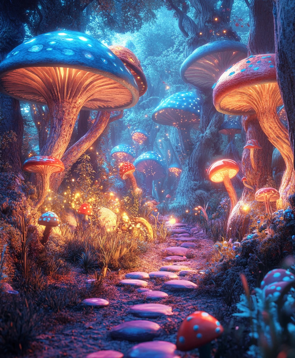 Cheerful surreal fantasy landscape with vibrant bright colors