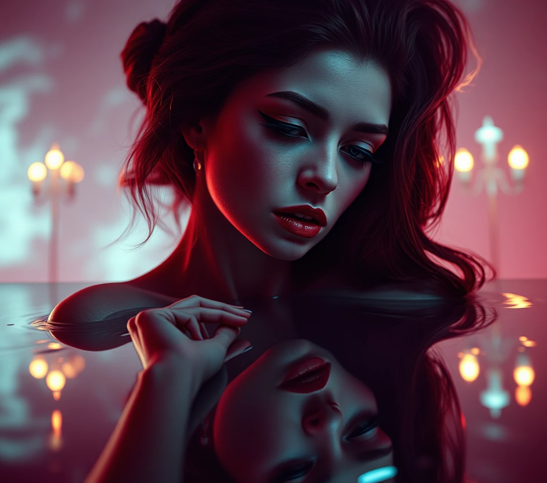 Ethereal woman mirrored in a chaotic surreal dreamscape