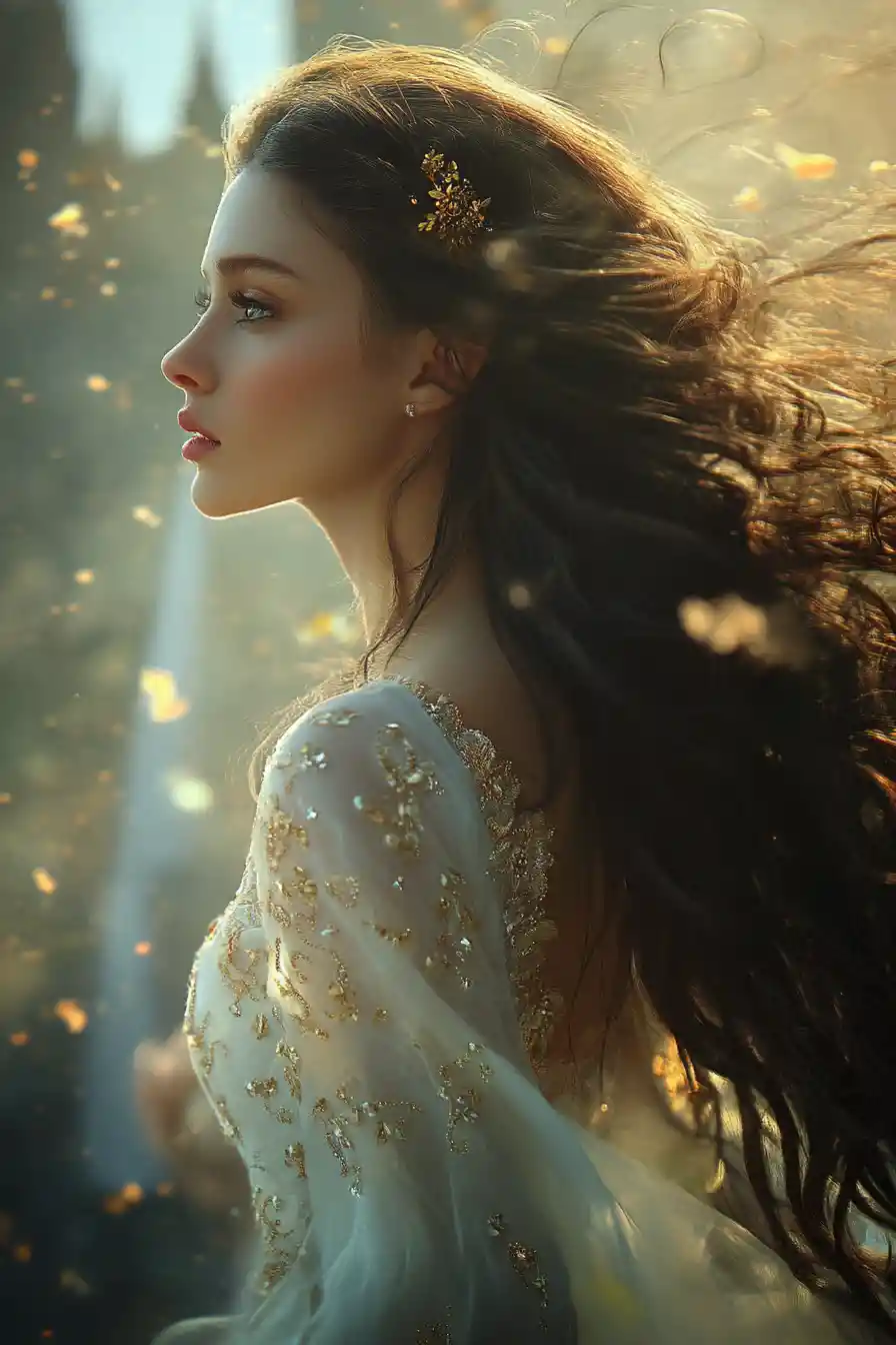 Side profile portrait of a woman in a jeweled white dress