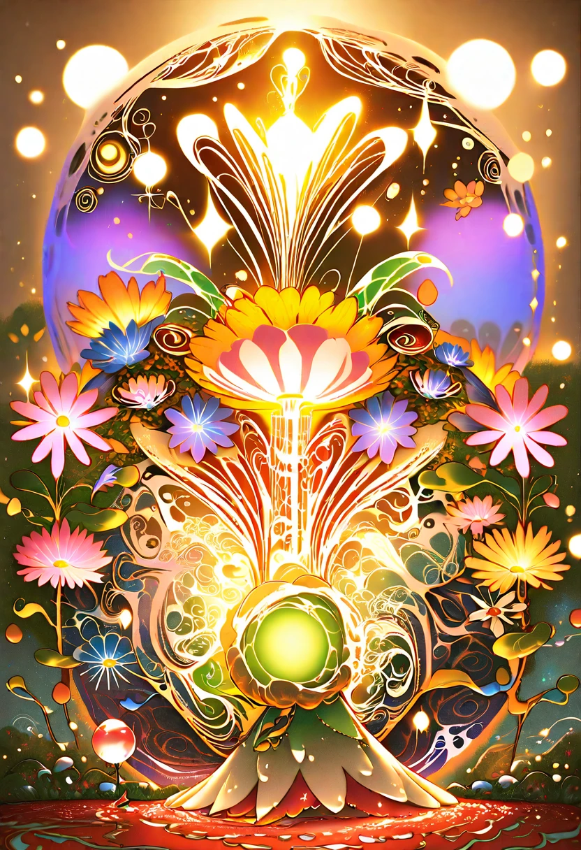 Majestic fantasy cat amid glowing abstract psychedelic flora