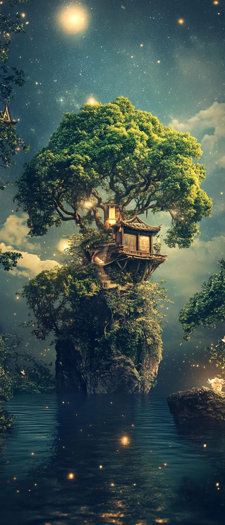 Surreal zen landscape with bright cheerful vibrant colors