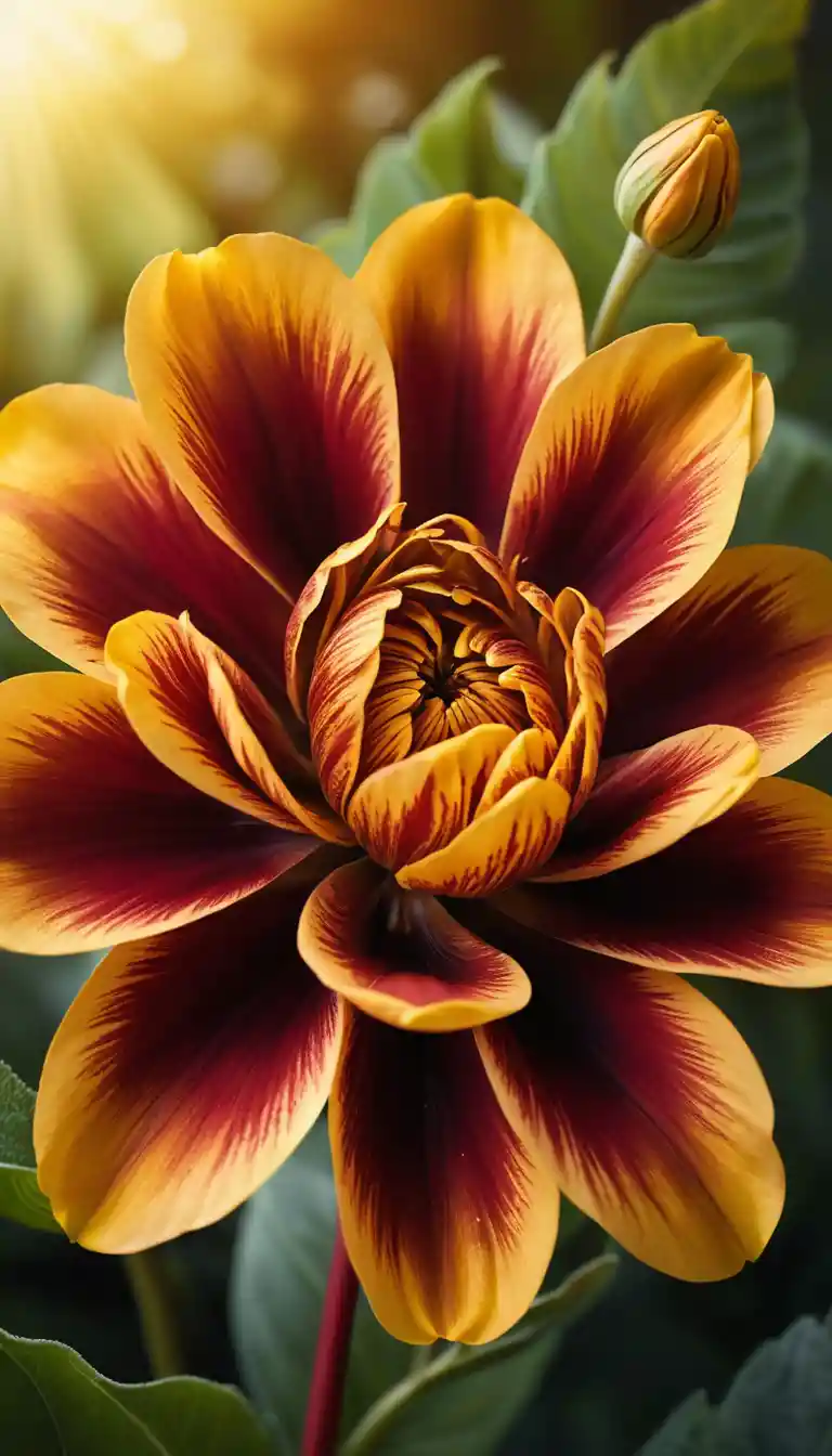 Surreal golden flower with swirling red ribbons in garden