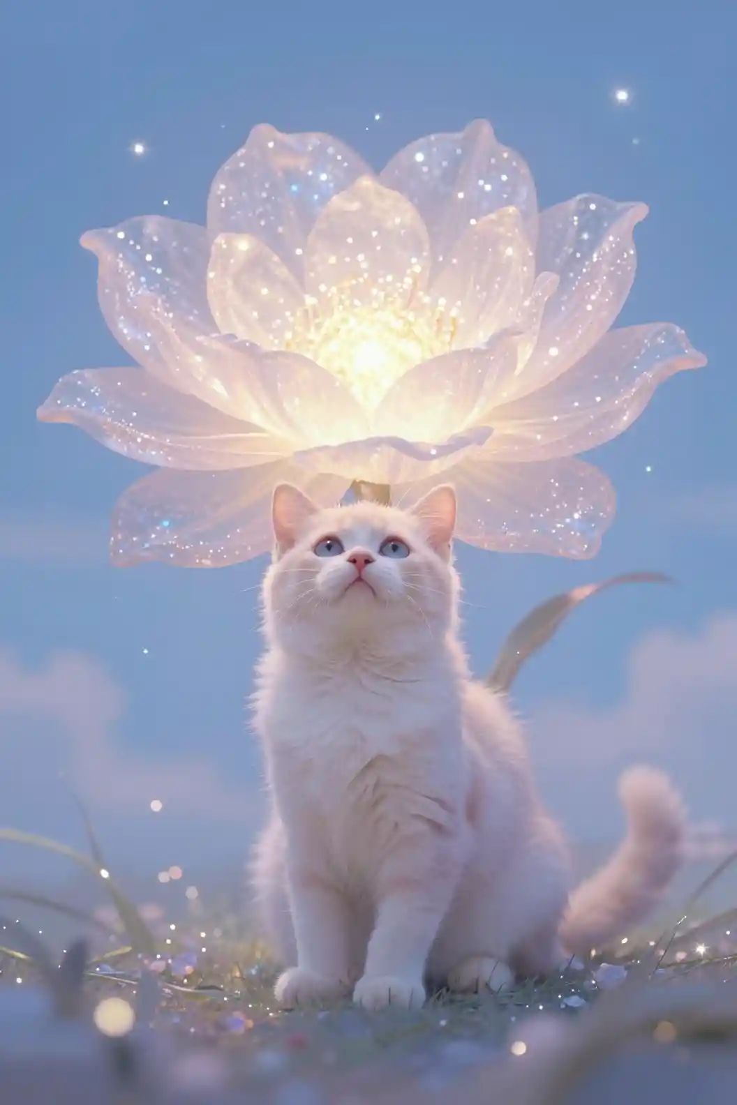 Curious kitten under a glowing ethereal flower
