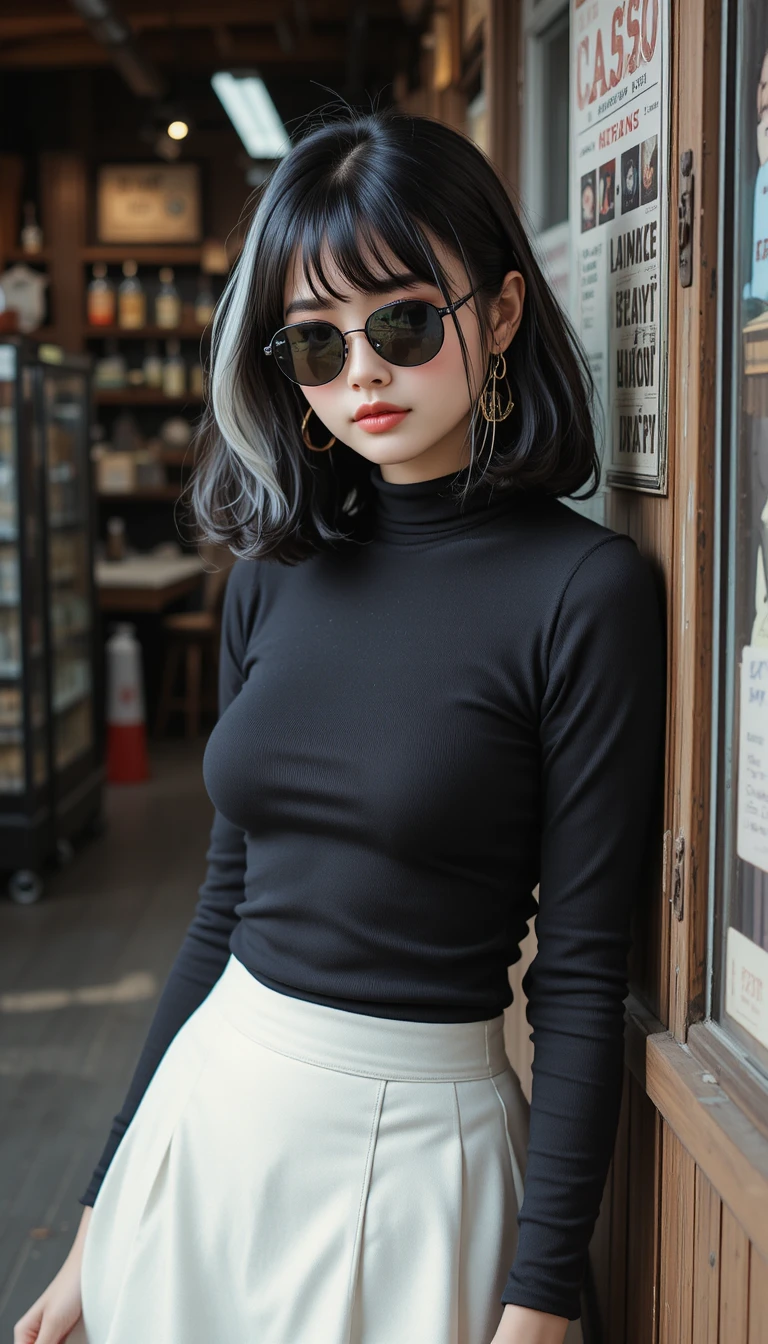 Young girl in sunglasses in a 1970s general store