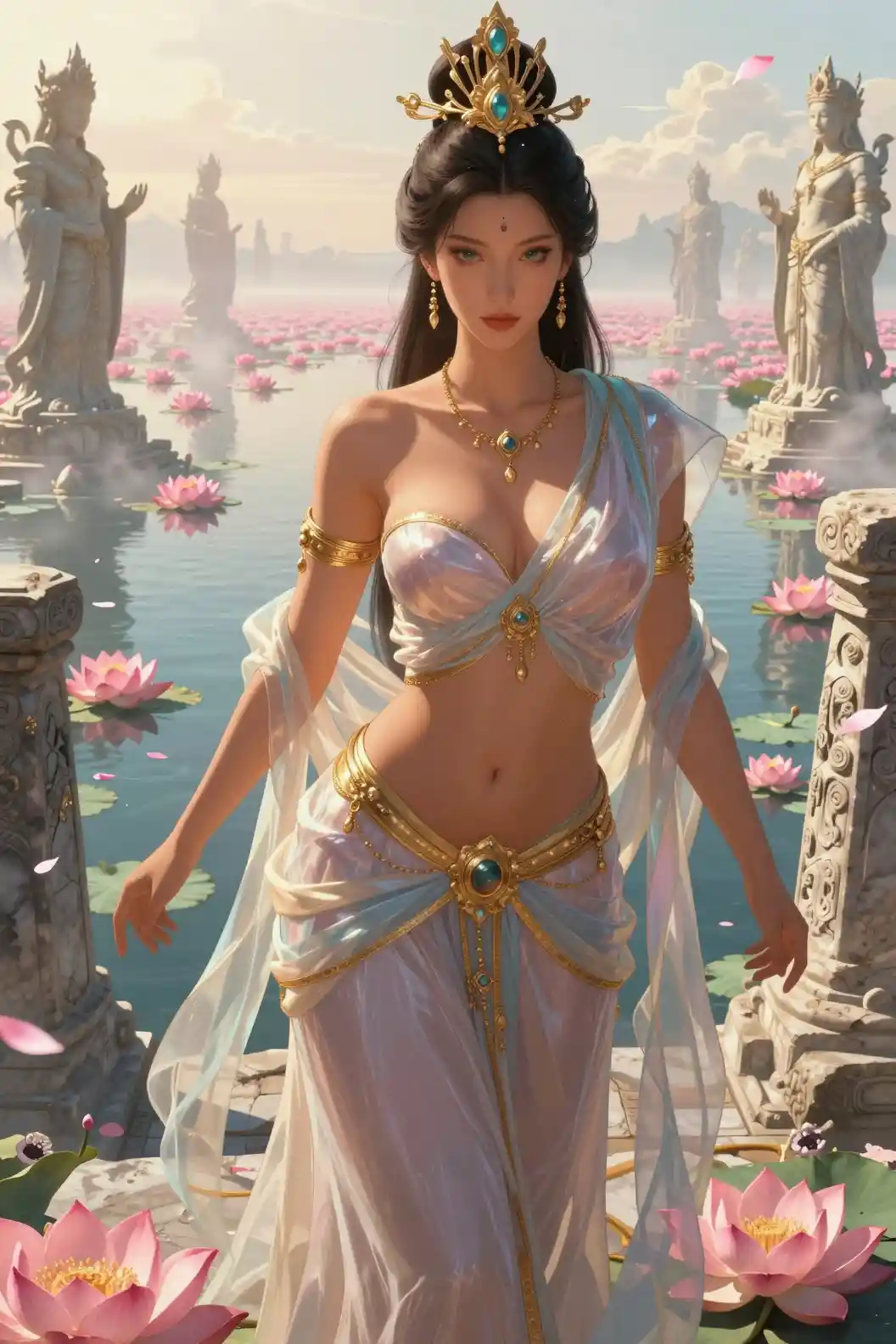 Fantasy queen over lotus lakes and ancient marble ruins