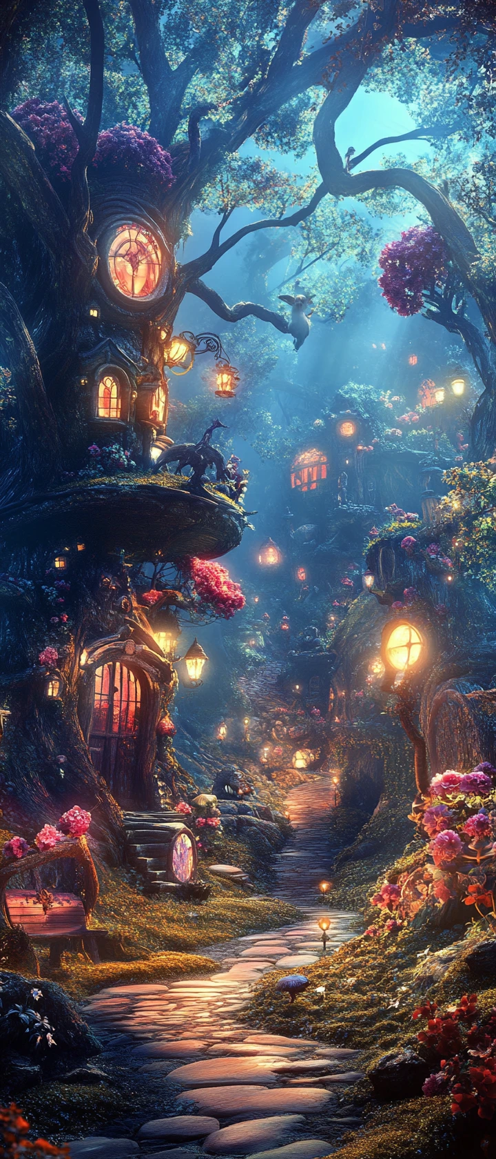 Cheerful surreal landscape with bright vibrant artistic style