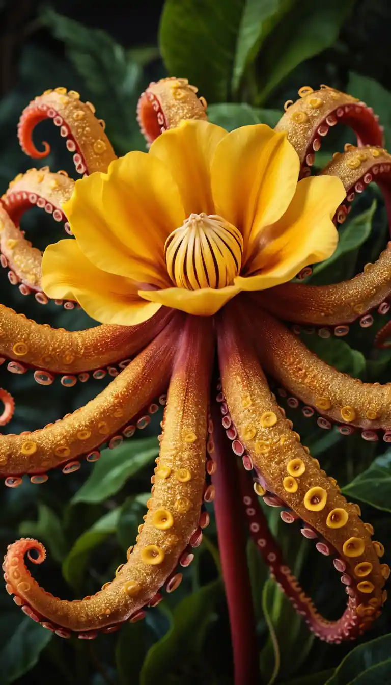 Golden fantasy flower with octopus like crimson tentacles
