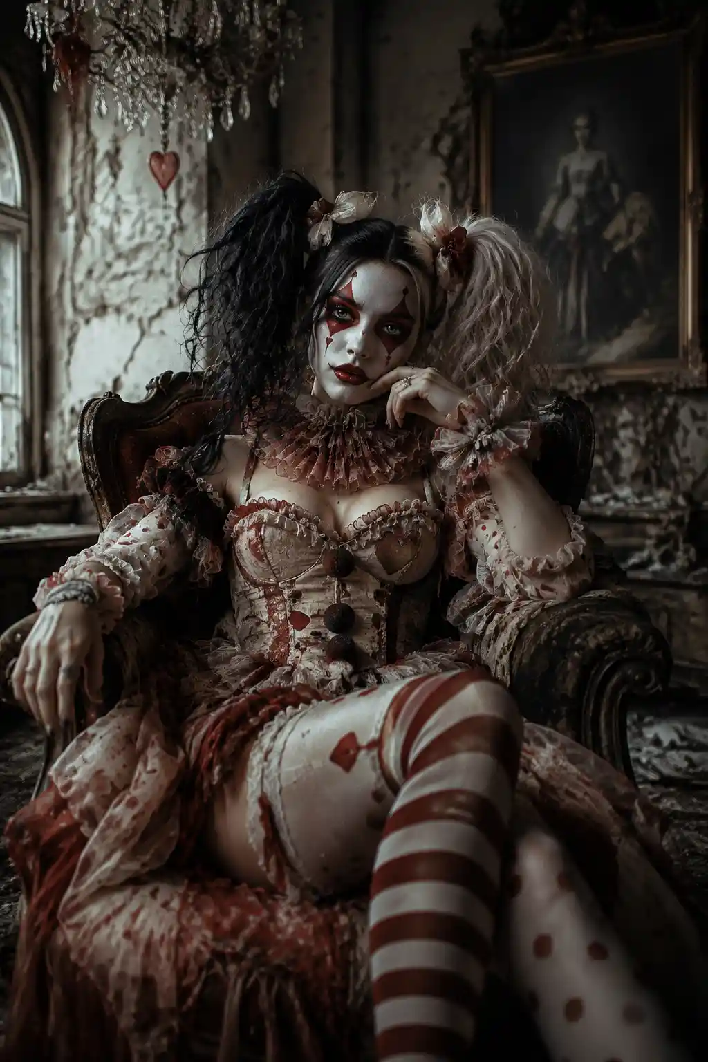 Gothic harlequin woman in an abandoned cinematic room
