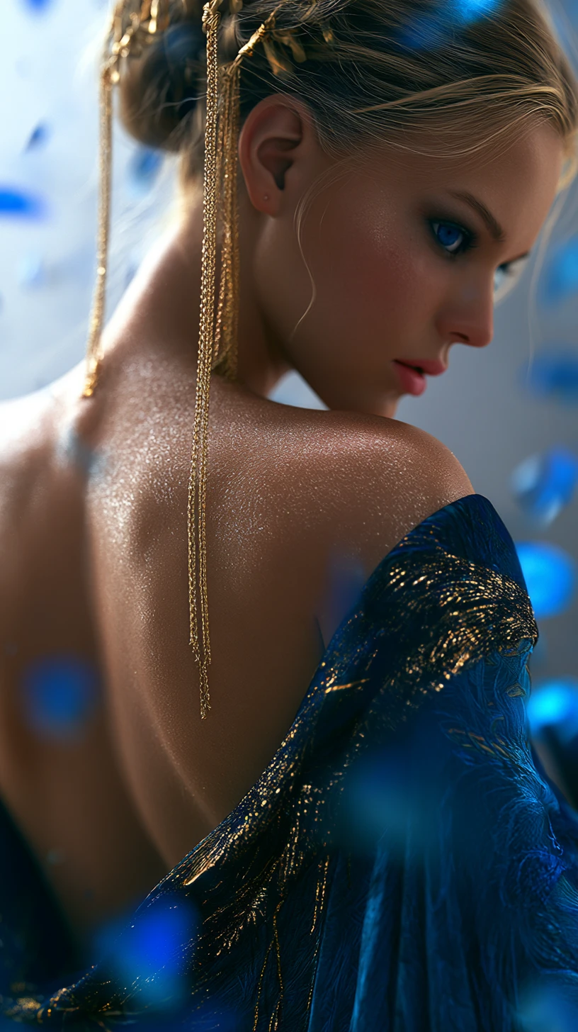 Mujer elegante con kimono azul pavo real y espalda descubierta