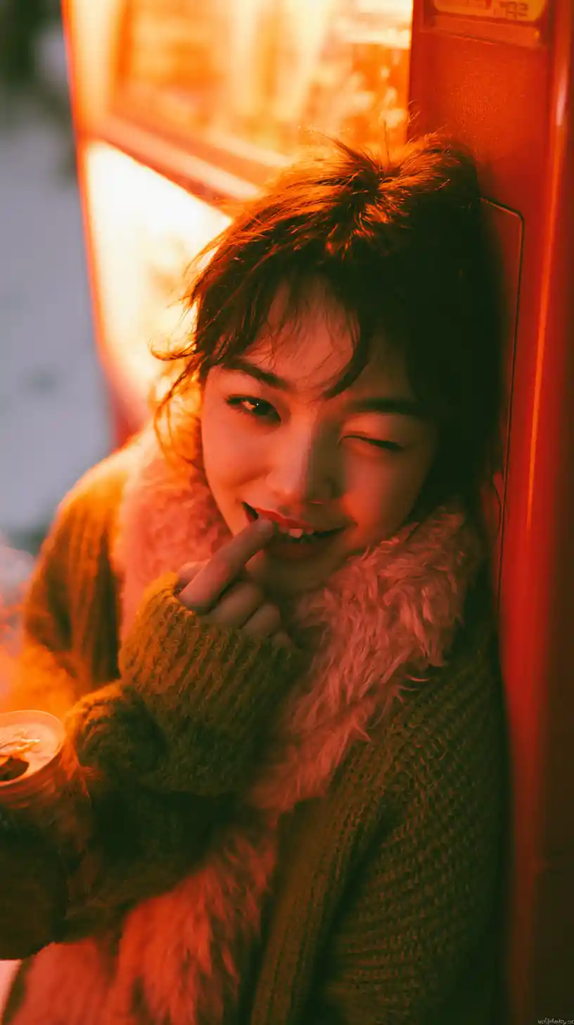 Playful girl close up by red vending machine at night