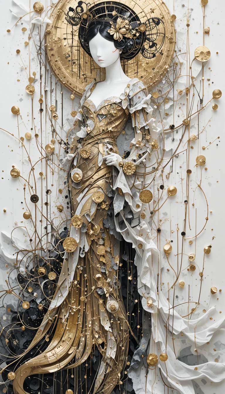 Dibujo abstracto en blanco y dorado con estilo inspirado en Klimt
